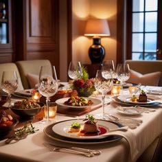 a dining table set with plates, glasses and utensils