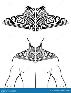 the back of a man's head with an intricate tattoo design on his chest