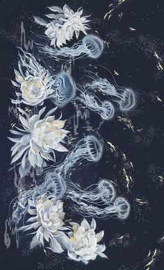 an artistic painting with white flowers on a dark blue background and gold stars in the sky