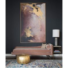 a living room filled with furniture and a large painting on the wall above it's couch