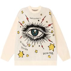 Style Knitted Sweater, Estilo Harajuku, Beige Pullover, Crewneck Style, Eye Pattern