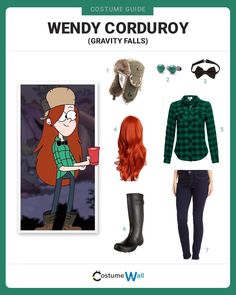 the costume guide for wendy corduroy from adventure time is shown in green and black