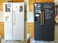 two refrigerators side by side with the words diy chalkboard fridge written on them