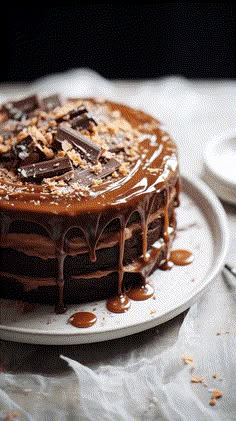 a chocolate cake with caramel drizzle on top