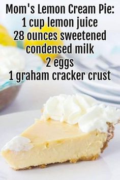 a piece of lemon cream pie on a white plate with the recipe below it,