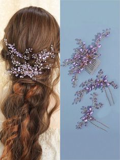 two different styles of hair combs with purple flowers on them and one is in the shape of a flower