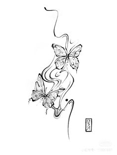 a black and white drawing of two butterflies