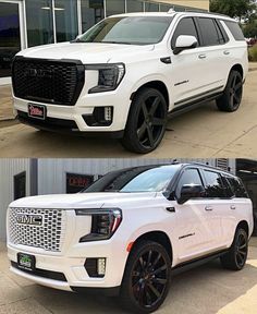 two different views of the same white suv in front of a building and behind it is a black car