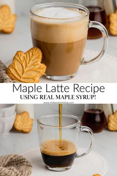 a cup of coffee is being poured into a mug with the words maple latte recipe using real maple syrup