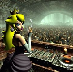 a woman in a black dress standing next to a dj mixer