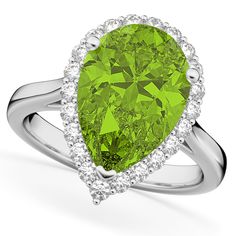 Pear Cut Halo Peridot & Diamond Engagement Ring 14K White Gold 5.19ct -Allurez.com 14k Gold Ruby Ring, Rings White Gold, Pear Cut Diamond Ring, Buy Earrings Online, Peridot Engagement Rings, August Baby, Tanzanite Engagement Ring, Ruby Ring Gold, White Opal Ring