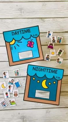 the daylight and night time activities are displayed on a wooden table with paper cut outs