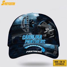 a hat with the carolina panther logo on it and an image of a football helmet