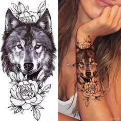 a woman with tattoos on her arm next to an image of a wolf and roses