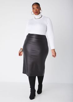 This sleek high-waist midi skirt brings the luxe look of leather to your workweek lineup without the hefty dry-cleaning bill. Leather Skirt Plus Size, Leather Skirt Outfit Winter, Plus Size Pencil Skirt, Leather A Line Skirt, Plus Size Knitwear, Plus Size Crochet, Trading Places, Leather Skirt Outfit, Faux Leather Midi Skirt