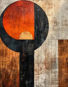 an abstract painting with orange and black shapes on wood paneled wallpaper, including a large round object