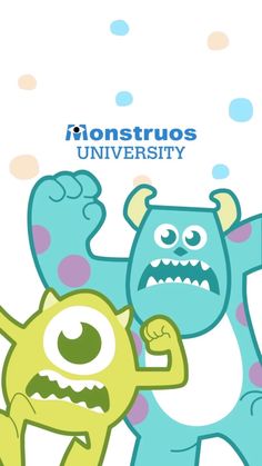 two cartoon monsters standing next to each other with the words monstros university above them