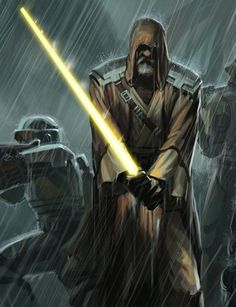 a star wars character holding a light saber in the rain with other characters behind him