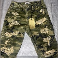 Shorts With Camo Print And Distressed Detailing. New With Tags. Casual Ripped Camouflage Bottoms, Trendy Camouflage Cotton Shorts, Trendy Camouflage Shorts, Camouflage Bottoms For Spring, Camouflage Bottoms In Short Length For Spring, Camouflage Short Length Bottoms For Spring, Camo Shorts, Vibrant Green, Camo Print