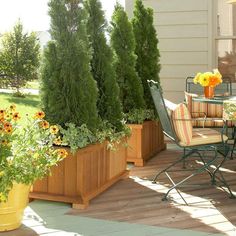 a table and chairs on a deck with potted plants