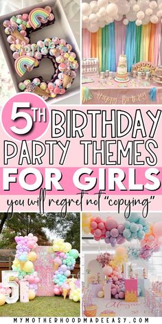 birthday party themes for girls with balloons, cake and other things to eat on the table