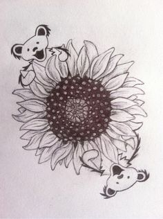 a drawing of a sunflower with two bears on it