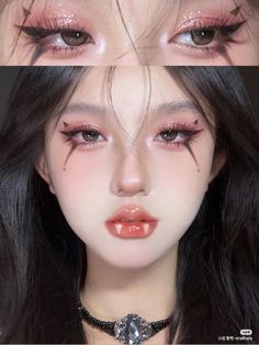 Cute Halloween Make Up Simple, Vampire Makeup Asian, Pink Makeup Looks Halloween, Chinese Halloween Makeup, Halloween Makeup Red Hair, Japanese Inspired Makeup, Douyin Colorful Makeup, Doll Makeup Looks Halloween, Naruto Makeup Inspired