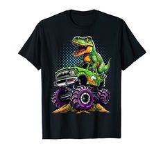 a t - shirt with an image of a dinosaur riding a monster truck