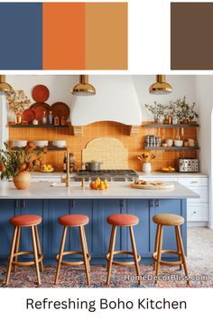 Boho Kitchen: Refreshing Blue and Orange Color Palette Kitchen Orange Accents, Eclectic Blue Kitchen, Condo Decorating Kitchen, Pastel Orange Kitchen, Blue Kitchen Palette, Orange Blue Kitchen, Coloured Kitchen Ideas, Open Concept Kitchen Living Room Paint, Kitchen Palette Ideas