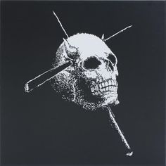 a black and white drawing of a skull holding a baseball bat in it's mouth