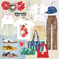 a collage of clothing and accessories including shoes, hats, sunglasses, purses