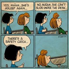 a comic strip with peanuts saying, there's a safety catch on the desk