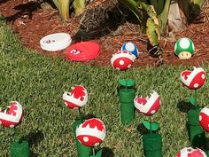 several different types of toys in the grass