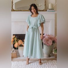 Adorable Mint Green Gingham “Marlowe” Style Dress From Ivy City Co. Worn Once Briefly For Photos; Tags Still Attached. Has Flutter Sleeves, Non-Functional Front Button Placket (Functional Back Zip), Pockets, And A Matching Tie Belt. Fully Lined. Fabric Has No Stretch, But Sizing Runs Big. Size Xl. Bust: 46”, Waist: 38” (Can Be Cinched Tighter), Length From Waist: 32.5”. All Items Come From A Smoke-Free, Pet-Friendly Home. Cottagecore Gingham Dress With Ruffles, Plaid Ruffled Dresses For Garden Party, Plaid Midi Dress With Ruffles For Picnic, Chic Plaid Dress With Ruffles For Spring, Picnic Plaid Midi Dress With Ruffles, Gingham Short Sleeve Midi Dress For Brunch, Spring Gingham Midi Dress For Brunch, Spring Gingham Midi Dress For Daywear, Short Sleeve Gingham Midi Dress For Brunch