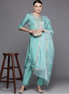 * Women Floral Embroidered Regular Sequinned Kurta with Trousers & With Dupatta Indian Wedding Wear Salwar Kameez / Indian Ethnic Dress / Plus Size Silk Kurta Dress Traditional Indian Wear / Salwar Kameez Dupatta / Kurti Palazzo Set Blue embroidered Kurta with Trousers with dupatta  * Kurta design:-  *  Floral embroidered   *  Straight shape   *  Regular style   *  Round neck,  three-quarter regular sleeves   *  Sequinned detail   *  Calf length length with straight hem   *  Silk blend fabric Luxury Turquoise Kurta For Women, Luxury Traditional Turquoise Kurta, Luxury Turquoise Women's Kurta, Kurta Sets For Women, Indian Salwar Suit, Kurti Palazzo, Indian Salwar, Indian Tunic, Kurta Dress