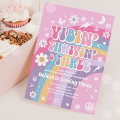 a pink box filled with cupcakes next to a card that says yummy thinking time