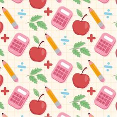 an apple and pencils are on a pattern with other school supplies in the background