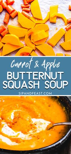 carrot and apple butternut squash soup in a black bowl with chopped carrots on the side