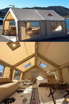 the inside and outside of a tent with windows on each side, in front of water