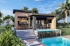 an artist's rendering of a house with a pool in the foreground and palm trees surrounding it