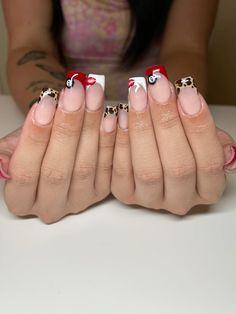 Cute square nail inspiration. Red nails, cheetah nails, French tips, square nails, Valentine’s Day, nails, fall nails, nail Inspo. From nails_by_liv_ on instagram Nails French Tips Square, French Tips Square Nails, Square Nail Inspiration, French Tips Square, Nails Cheetah, Nails French Tips, Cowboy Nails, Nails Valentine, Nails Fall Nails