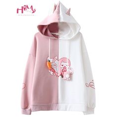 Kawaii Bunny Ear Pink & White Sweater 2 Pastel Sweatshirt, Áo Blu, Kawaii Hoodies, Harajuku Hoodie, Cat Hoodie, Colour Blocking, White Colors, Grunge Style, Kawaii Clothes