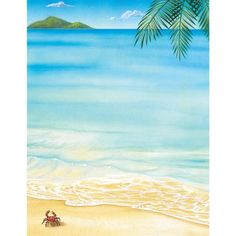 a painting of a beach scene with palm trees and the ocean in the foreground