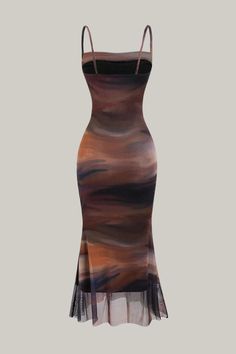 This sophisticated cami dress boasts a stylish empire waist, featuring a stunning tie dye ombre mesh design with pleated detailing and a mermaid hem. Its luxurious fit and slim silhouette make it perfect for any occasion, while the spaghetti strap neckline and sleeveless design add a touch of elegance. The knitted fabric offers a slight stretch, ensuring a comfortable fit, and the dress is finished with beautiful ruched detailing and a ruffle hem. No sheer fabric or pockets. 95% Polyester, 5% El