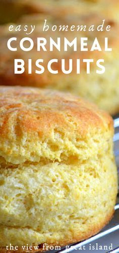 homemade cornmeal biscuits on a cooling rack with the words easy homemade cornmeal biscuits