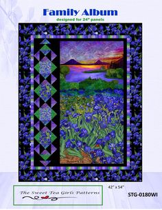 a quilt pattern with blue flowers on the front and purple, green, and yellow background