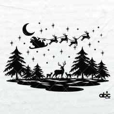 santa flying over the forest with reindeers and stars on his sleigh silhouette