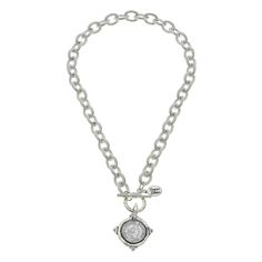 Susan Shaw Coin Intaglio Toggle Necklace - Susan Shaw Jewelry Engraved Metal Chain Link Necklace, Silver Necklace With Round Pendant And Toggle Clasp, Silver Toggle Necklace With Coin Pendant As Gift, Silver Medallion Jewelry With Toggle Clasp, Vintage Silver Cable Chain Jewelry, Vintage Silver Jewelry With Cable Chain, Elegant Toggle Necklace With Round Coin Pendant, Coin Frame, Susan Shaw