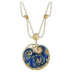 Introducing our breathtaking Starry Night Necklace, a true Belle Époque masterpiece inspired by the iconic painting of Van Gogh. Crafted with meticulous attention to detail, this exquisite necklace is a celebration of artistry and luxury. Made of 18K yellow gold, weighing 45 grams, and measuring 18 inches in length, every aspect of this necklace exudes elegance and sophistication. The centerpiece of this stunning piece is the intricate enamel detailing, meticulously crafted to mirror the swirlin Luxury Celestial Diamond Necklace, Luxury Yellow Gold Sapphire Jewelry, Starry Night Necklace, Yellow Sapphire Necklace, Night Necklace, Starry Night Van Gogh, Couture Jewelry, Star Jewelry, Sapphire Necklace