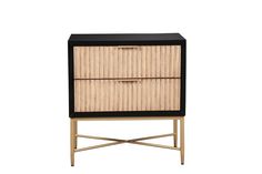 a black and bamboo cabinet with two drawers on it's legs, against a white background